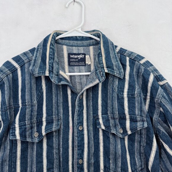 Vintage Wrangler Flannel Shirt Men 17.5-35 Blue Stripe Knit Heavyweight Western - Picture 8 of 10
